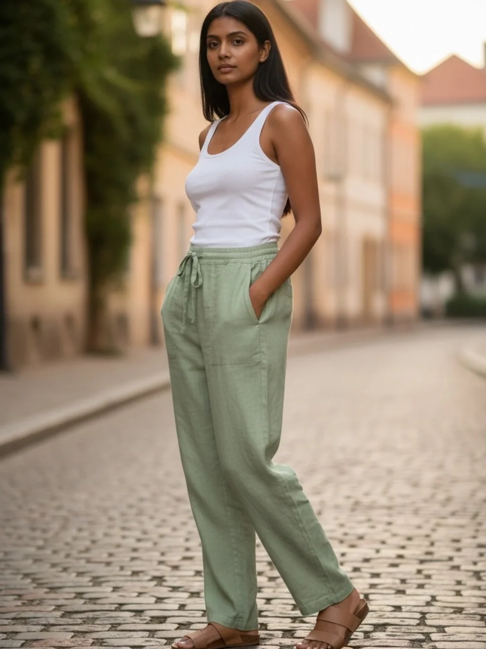 Alex & Jordan Linen Blend Wide Leg Pants Sage Green Medium Coastal Casual